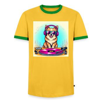 DJ Dog - Men's Ringer Shirt - yellow/green  - Front - AI Model Female 172 light (172cm) & AI Model Male 178 dark (178cm)