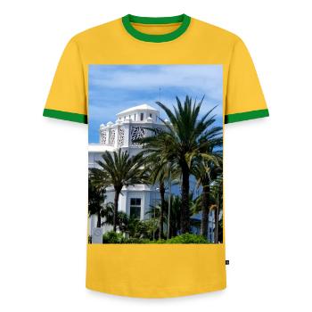 EC Holidays I Travel I Gran Canaria I Spain - Men's Ringer Shirt - yellow/green  - Front - AI Model Female 172 light (172cm) & AI Model Male 178 dark (178cm)