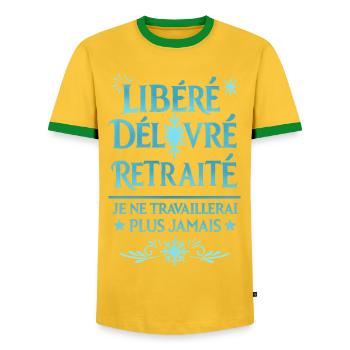 Released, Delivered, Retired - Men's Ringer Shirt - yellow/green  - Front - AI Model Female 172 light (172cm) & AI Model Male 178 dark (178cm)
