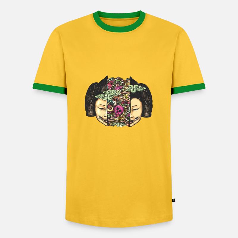 Split Head Gueisha Doodle - Men's Ringer Shirt - yellow/green