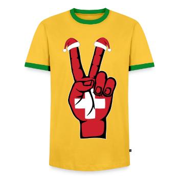 Schweiz Flagge Weihnachten Peace Symbol - Männer Kontrast-T-Shirt - Gelb/Grün  - Vorne - AI Model Female 172 light (172cm) & AI Model Male 178 dark (178cm)