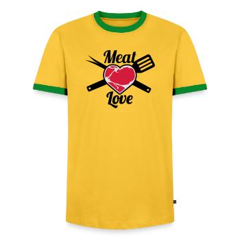 Meat Love | Fleisch Herz | Heart - T-shirt contrasté Homme - jaune/vert  - Devant - AI Model Female 172 light (172cm) & AI Model Male 178 dark (178cm)