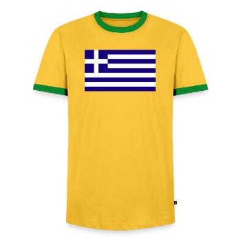 Griechenland National Flagge - Männer Kontrast-T-Shirt - Gelb/Grün  - Vorne - AI Model Female 172 light (172cm) & AI Model Male 178 dark (178cm)