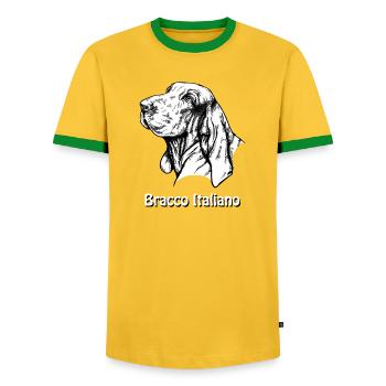 Bracco Italiano Portrait with text - Men's Ringer Shirt - yellow/green  - Front - AI Model Female 172 light (172cm) & AI Model Male 178 dark (178cm)