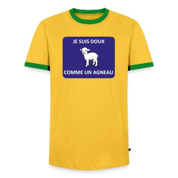 Gentle as a lamb - Men's Ringer Shirt - yellow/green  - Front - AI Model Female 172 light (172cm) & AI Model Male 178 dark (178cm)