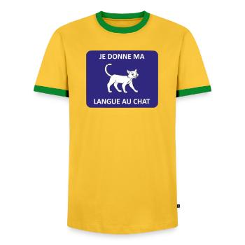 Ich gebe der Katze meine Zunge - Männer Kontrast-T-Shirt - Gelb/Grün  - Vorne - AI Model Female 172 light (172cm) & AI Model Male 178 dark (178cm)