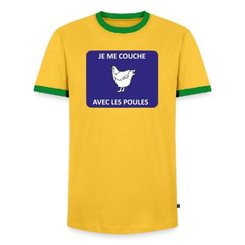 I go to bed with the chickens - Men's Ringer Shirt - yellow/green  - Front - AI Model Female 172 light (172cm) & AI Model Male 178 dark (178cm)
