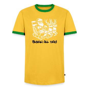 Glacière Père Noël – Traîneau toute la journée - T-shirt contrasté Homme - jaune/vert  - Devant - AI Model Female 172 light (172cm) & AI Model Male 178 dark (178cm)