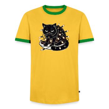Grumpy Christmas Cat. Meow but please without tinsel - Men's Ringer Shirt - yellow/green  - Front - AI Model Female 172 light (172cm) & AI Model Male 178 dark (178cm)