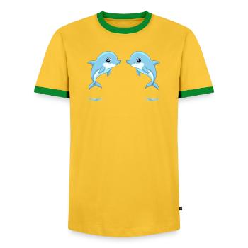 Two baby blue twin dolphins jumping - Men's Ringer Shirt - yellow/green  - Front - AI Model Female 172 light (172cm) & AI Model Male 178 dark (178cm)