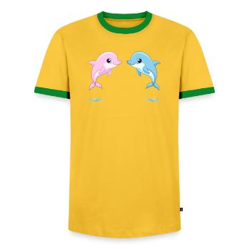Two baby twin blue and pink dolphins, jumping - Men's Ringer Shirt - yellow/green  - Front - AI Model Female 172 light (172cm) & AI Model Male 178 dark (178cm)