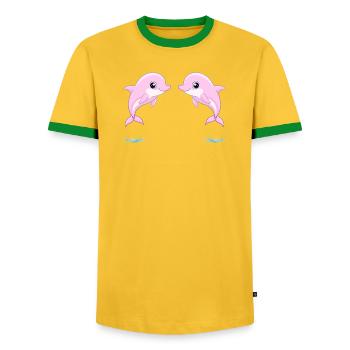 Two baby pink twin dolphins, jumping joyfully - Men's Ringer Shirt - yellow/green  - Front - AI Model Female 172 light (172cm) & AI Model Male 178 dark (178cm)