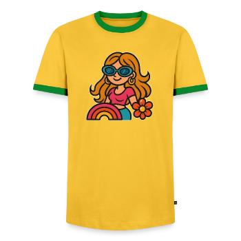 Retro Summer Girl - Flower Power Look - Men's Ringer Shirt - yellow/green  - Front - AI Model Female 172 light (172cm) & AI Model Male 178 dark (178cm)