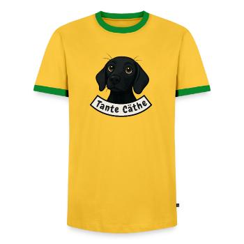 Schweißhund Tante Cäthe - Männer Kontrast-T-Shirt - Gelb/Grün  - Vorne - AI Model Female 172 light (172cm) & AI Model Male 178 dark (178cm)