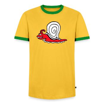 Snail Fast Crawl Funny Cartoon Frenzy - Men's Ringer Shirt - yellow/green  - Front - AI Model Female 172 light (172cm) & AI Model Male 178 dark (178cm)