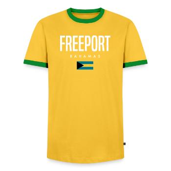 Freeport Bahamas - Men's Ringer Shirt - yellow/green  - Front - AI Model Female 172 light (172cm) & AI Model Male 178 dark (178cm)