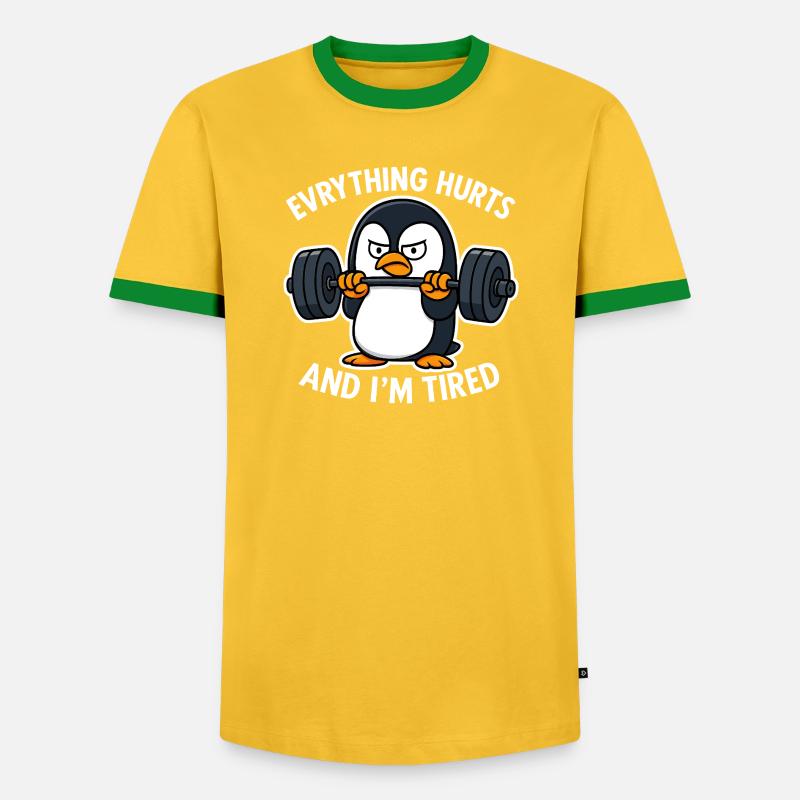 Grumpy Penguin Lifting Weights - Men's Ringer Shirt - yellow/green 