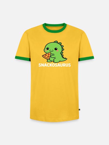 Playful dinosaur with pizza slice - Men's Ringer Shirt - yellow/green 