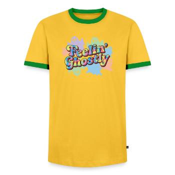 Colorful ghost wave lettering - Men's Ringer Shirt - yellow/green  - Front - AI Model Female 172 light (172cm) & AI Model Male 178 dark (178cm)