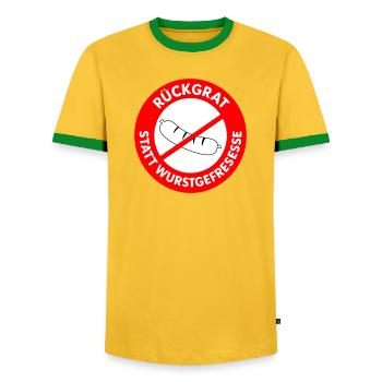 Rückgrat statt Wurstgefresse! WUNSCHFARBEN Wurst2 - Männer Kontrast-T-Shirt - Gelb/Grün  - Vorne - AI Model Female 172 light (172cm) & AI Model Male 178 dark (178cm)