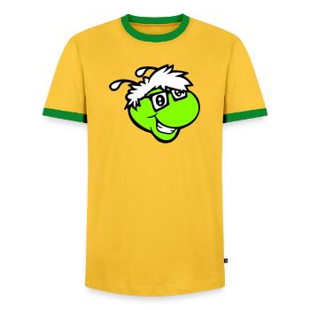 Nerd Caterpillar Intelligent Geek Worm Horn-rimmed Glasses Smart - Men's Ringer Shirt - yellow/green  - Front - AI Model Female 172 light (172cm) & AI Model Male 178 dark (178cm)