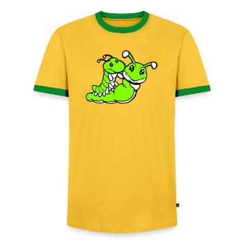 2 friends riding caterpillar father mother child dad mom - Men's Ringer Shirt - yellow/green  - Front - AI Model Female 172 light (172cm) & AI Model Male 178 dark (178cm)