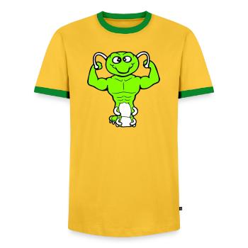 Caterpillar Bodybuilder Muscle Building Strong Fitness Gym - Men's Ringer Shirt - yellow/green  - Front - AI Model Female 172 light (172cm) & AI Model Male 178 dark (178cm)