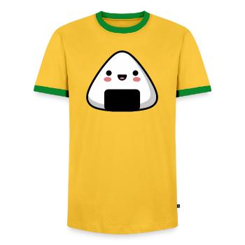 Kawaii Smile Onigiri Süßes Essen - Männer Kontrast-T-Shirt - Gelb/Grün  - Vorne - AI Model Female 172 light (172cm) & AI Model Male 178 dark (178cm)