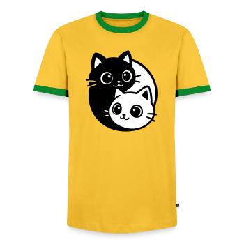 Ying Yang Cat Portrait - Men's Ringer Shirt - yellow/green  - Front - AI Model Female 172 light (172cm) & AI Model Male 178 dark (178cm)
