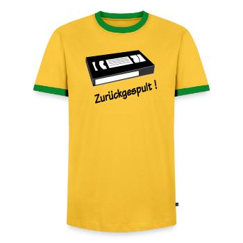 Rewound - Men's Ringer Shirt - yellow/green  - Front - AI Model Female 172 light (172cm) & AI Model Male 178 dark (178cm)