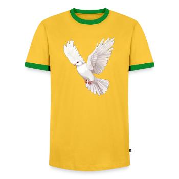 White Dove in Flight Illustration - Men's Ringer Shirt - yellow/green  - Front - AI Model Female 172 light (172cm) & AI Model Male 178 dark (178cm)