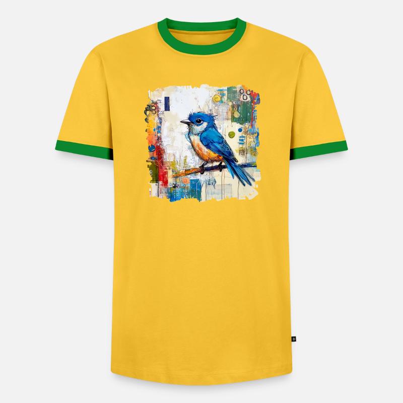 Blauer Vogel im abstrakten Farbmeer - Männer Kontrast-T-Shirt - Gelb/Grün