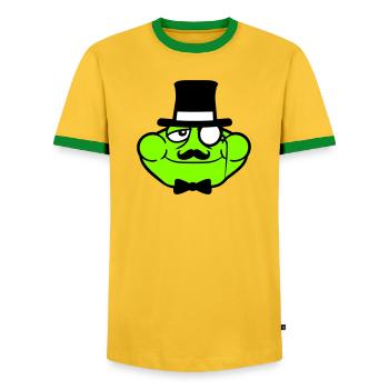 Mr Frog Sir Mr. Rich Monocle Glasses Top Hat - Men's Ringer Shirt - yellow/green  - Front - AI Model Female 172 light (172cm) & AI Model Male 178 dark (178cm)