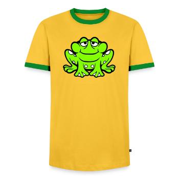 Frog toad smiles funny sitting comic happy - Men's Ringer Shirt - yellow/green  - Front - AI Model Female 172 light (172cm) & AI Model Male 178 dark (178cm)