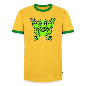 Frog Toad Laughs Funny Jumping Happy Comic - Men's Ringer Shirt - yellow/green  - Front - AI Model Female 172 light (172cm) & AI Model Male 178 dark (178cm)