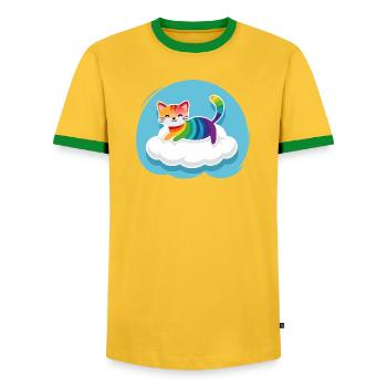 Kunterbunte Katze schwebt auf Wolke (Tag) - Männer Kontrast-T-Shirt - Gelb/Grün  - Vorne - AI Model Female 172 light (172cm) & AI Model Male 178 dark (178cm)