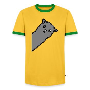 Gray Alpaca Llama Head Curious Funny Look - Men's Ringer Shirt - yellow/green  - Front - AI Model Female 172 light (172cm) & AI Model Male 178 dark (178cm)