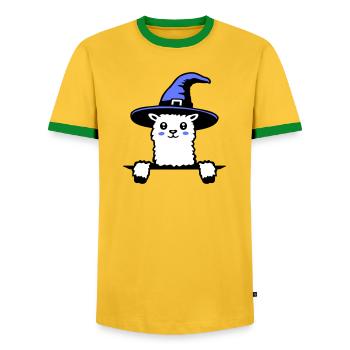 Llama Wizard Cute Look Magical Witch Hat Cute - Men's Ringer Shirt - yellow/green  - Front - AI Model Female 172 light (172cm) & AI Model Male 178 dark (178cm)