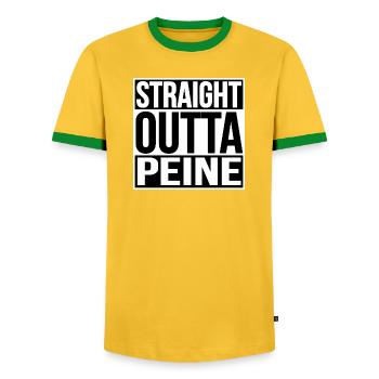 STRAIGHT OUTTA PEINE - Men's Ringer Shirt - yellow/green  - Front - AI Model Female 172 light (172cm) & AI Model Male 178 dark (178cm)