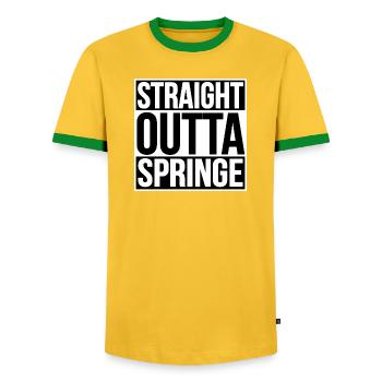STRAIGHT OUTTA SPRINGE - Männer Kontrast-T-Shirt - Gelb/Grün  - Vorne - AI Model Female 172 light (172cm) & AI Model Male 178 dark (178cm)