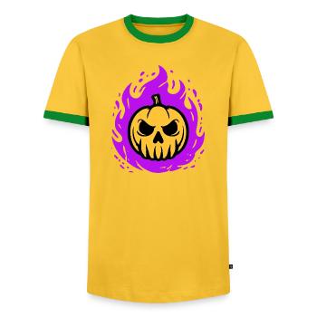 Orange pumpkin with purple flames - Men's Ringer Shirt - yellow/green  - Front - AI Model Female 172 light (172cm) & AI Model Male 178 dark (178cm)