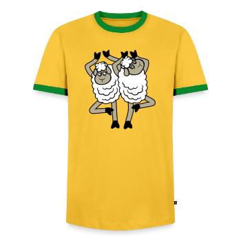 Schaf Paar Verärgert Gestört Baum Pose Yoga Rempel - Men's Ringer Shirt - yellow/green  - Front - AI Model Female 172 light (172cm) & AI Model Male 178 dark (178cm)