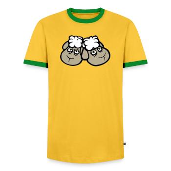 Sheep Couple Tired Sad Sleepy Exhausted Friend - Men's Ringer Shirt - yellow/green  - Front - AI Model Female 172 light (172cm) & AI Model Male 178 dark (178cm)