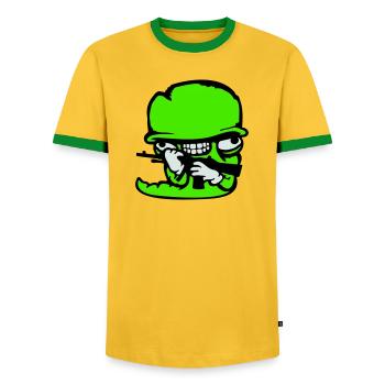 Worm Soldier Crazy Helmet Weapon Aggressive Wild Fun - Men's Ringer Shirt - yellow/green  - Front - AI Model Female 172 light (172cm) & AI Model Male 178 dark (178cm)