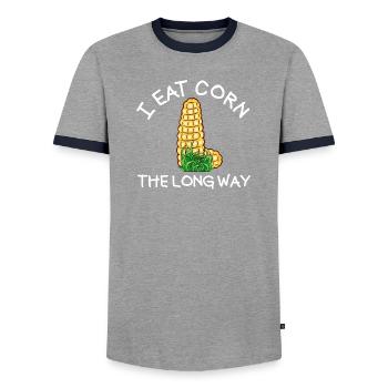 Je mange du maïs à la longue façon des femmes - T-shirt contrasté Homme - gris/marine  - Devant - AI Model Female 172 light (172cm) & AI Model Male 178 light (178cm)