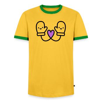 Cute Gloves with Heart | Winter Love - Men's Ringer Shirt - yellow/green  - Front - AI Model Female 172 light (172cm) & AI Model Male 178 dark (178cm)