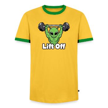 Alien Power Lift - Men's Ringer Shirt - yellow/green  - Front - AI Model Female 172 light (172cm) & AI Model Male 178 dark (178cm)
