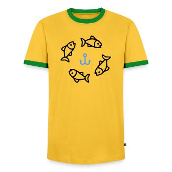 Pêche et pêche | Petri Heil Hobby Logo - T-shirt contrasté Homme - jaune/vert  - Devant - AI Model Female 172 light (172cm) & AI Model Male 178 dark (178cm)