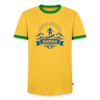 Hawaii Surfer Wellenreiter auf Pazifikwelle - Männer Kontrast-T-Shirt - Gelb/Grün  - Vorne - AI Model Female 172 light (172cm) & AI Model Male 178 dark (178cm)