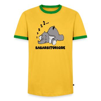 Sleeping Elephant with the title babarbituric - Men's Ringer Shirt - yellow/green  - Front - AI Model Female 172 light (172cm) & AI Model Male 178 dark (178cm)